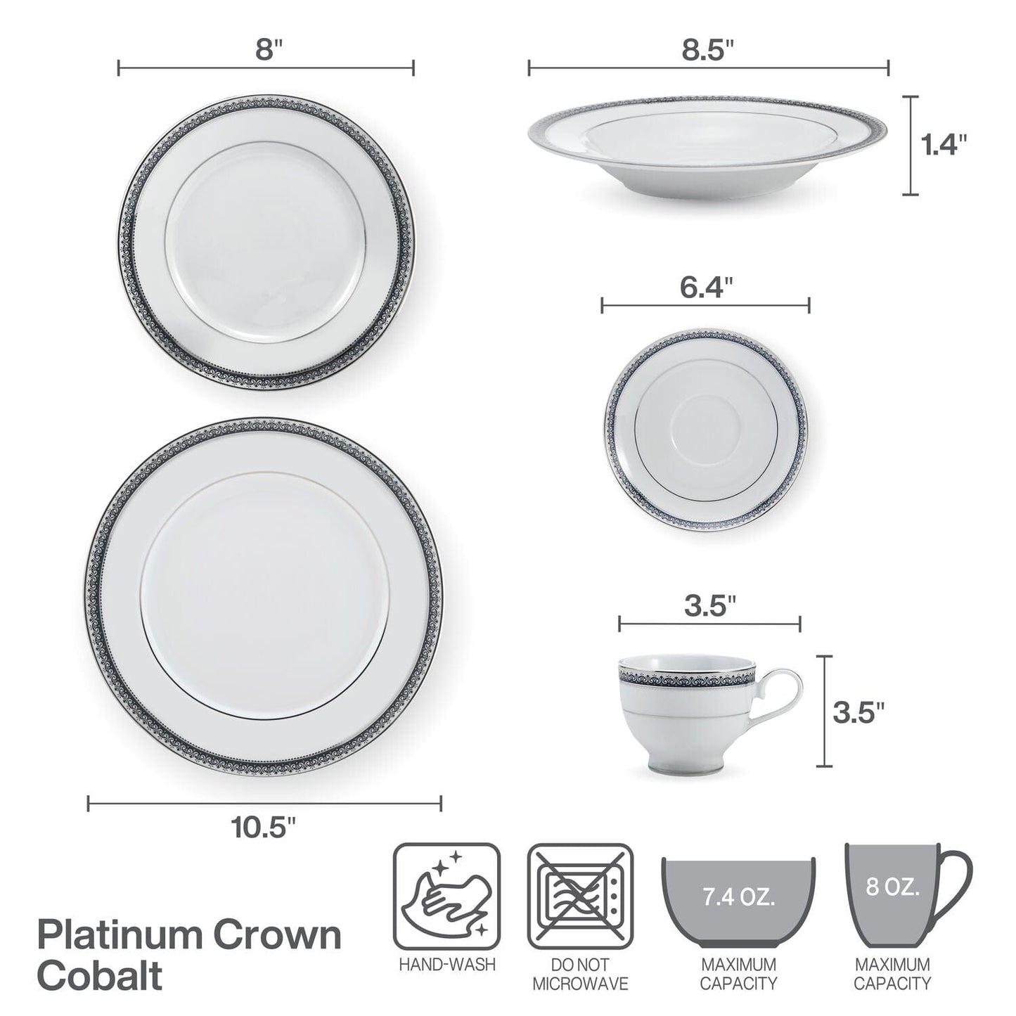 Platinum Crown Cobalt 40 Piece Dinnerware Set, Service for 8