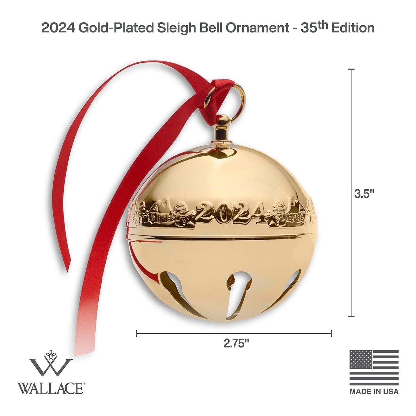 2024 Gold Plate Sleigh Bell Ornament 35th Anniversary Edition