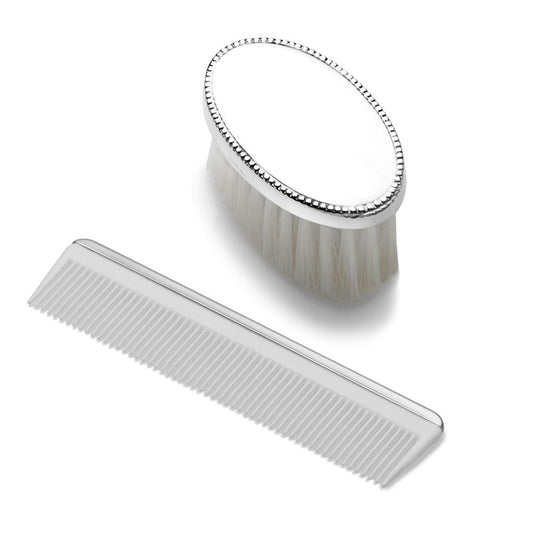 Boys Oval Beaded Design Sterling Brush Comb Set