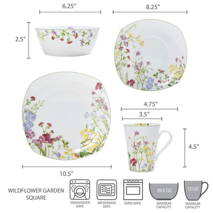 Wildflower Garden Square 16 Piece Dinnerware Set, Service for 4